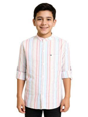 Buy CAVIO Boys Pink Regular Fit Mandarin Collar Full Sleeves Striped ...