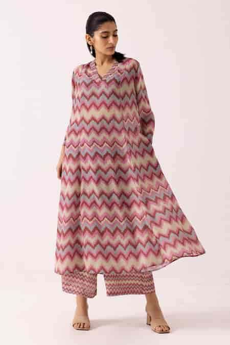 Buy Pink Crepe Lace V-neck Chevron Patterned Straight Kurta With Pant ...