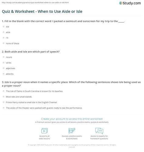Quiz & Worksheet - When to Use Aisle or Isle | Study.com