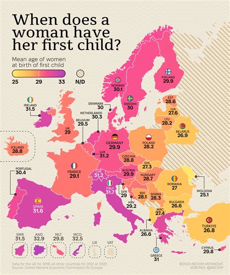 Mean age of women at birth of first child - Voronoi