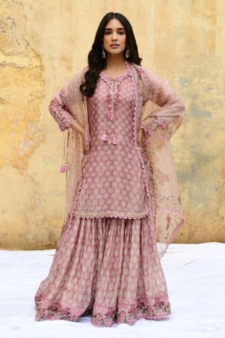 Buy Pink Silk, Organza Fringe, Embroidery, Chandrakala Print Short ...