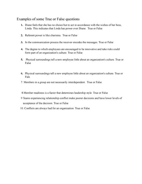 Examples of some True or False questions - Diane feels that she has no ...