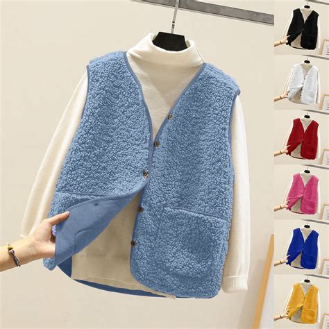 yoeyez Womens Fleece Sherpa Vest Cozy Sleeveless Button Down Waistcoat ...