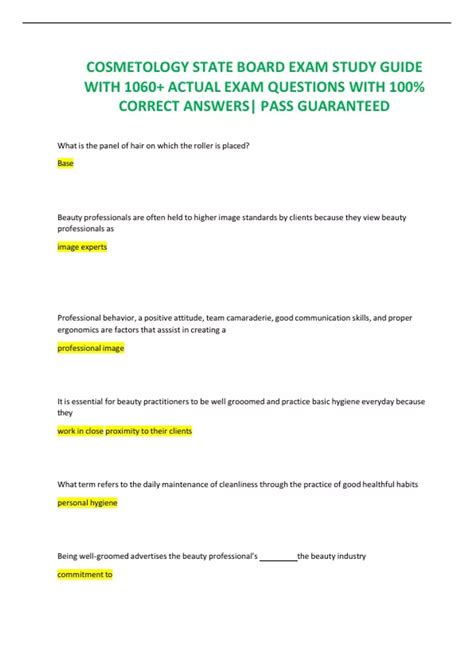 COSMETOLOGY STATE BOARD EXAM STUDY GUIDE WITH 1060+ ACTUAL EXAM QUESTIONS WITH 100% CORRECT ...