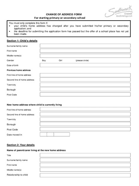 Fillable Online CHANGE OF ADDRESS FORM For starting primary or ...