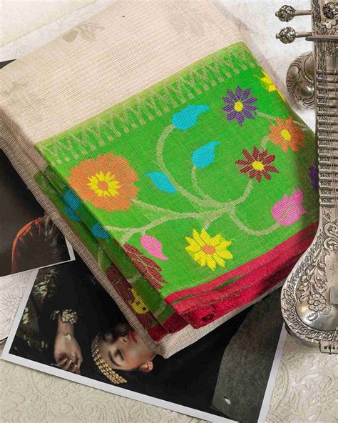 Floral Serenity – Cream Zari Kota Paithani Saree – WeaveinIndia