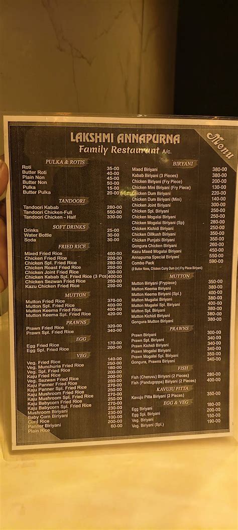 Menu at Lakshmi Annapurna AC Family Restaurant, Narsapur