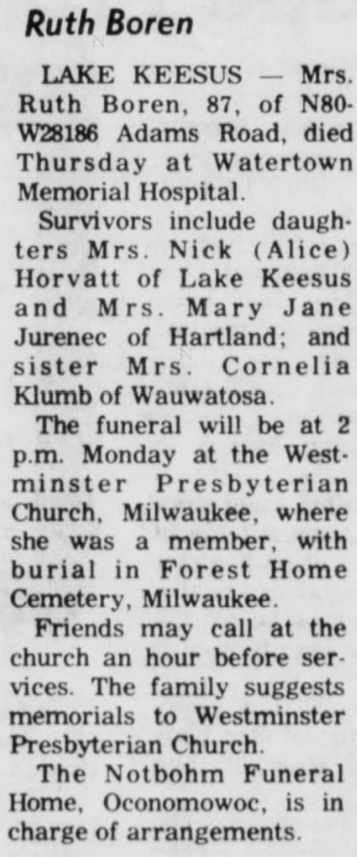 Mrs. Ruth Boren, Obituary in the Waukesha Dailey Freeman, Waukesha ...