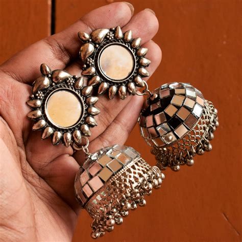 Kiran German Silver Mirror Jhumka – Glitter Gleam