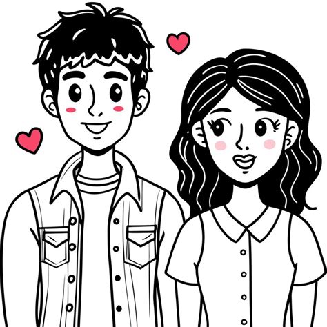 Cartoonstyle couple in love boy with black hair and gray eyes in denim ...