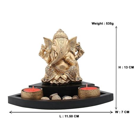 Ornamental Lord Ganesha with 2 Tea Light Holders on Wooden Tray Gift S ...
