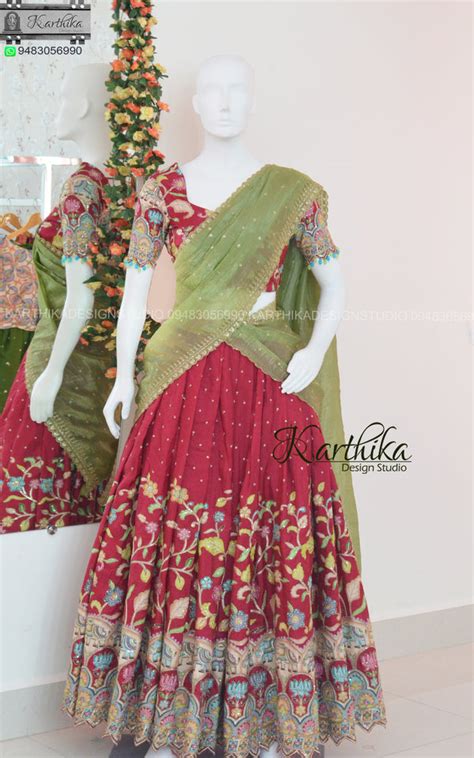 Embroidered chinnon langa voni – karthika design studio