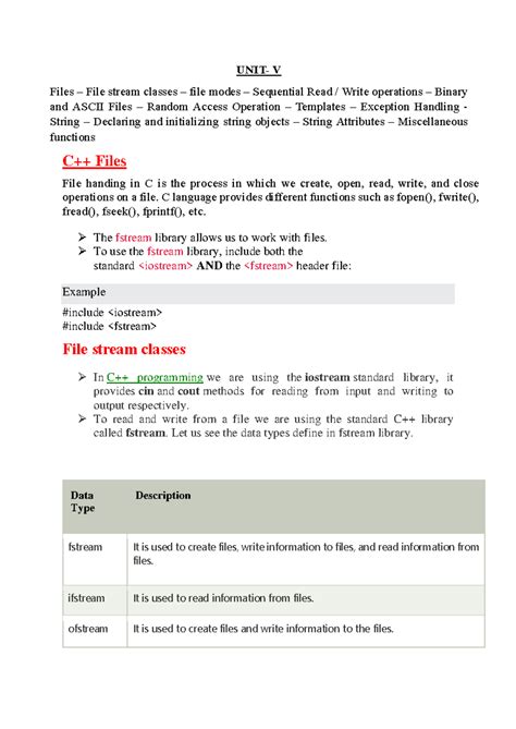 UNIT-V c++ - Nil - UNIT- V Files – File stream classes – file modes ...