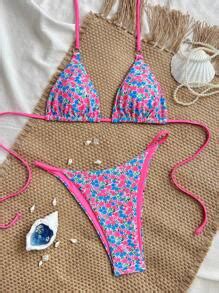 SHEIN Swim 2pcs/Set Women's Ditsy Floral Spaghetti Strap Top And Bikini ...