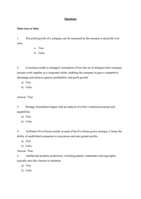 Sample Questions - Questions State true or false The profit growth of a ...