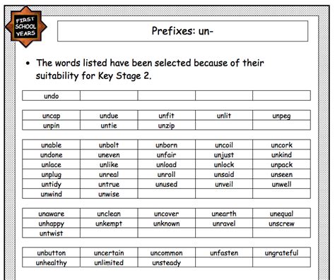 Un- Prefix Word List for First School Years