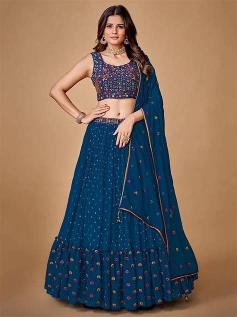⚡️Buy Exotic Navy Blue Floral Embroidered Silk Party Wear Lehenga Choli ...