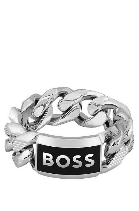 BOSS - Chain ring with logo plate - Silver tone