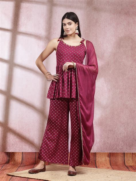 Ethnic Motifs Printed Rayon Sleeveless Kurta Palazzo Dupatta Set ...