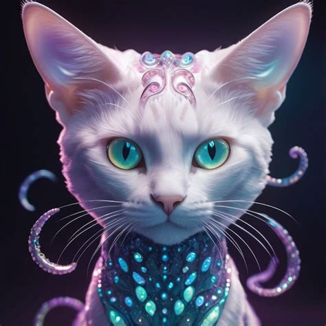 A white cat with a blue beaded necklace on its head | Premium AI ...