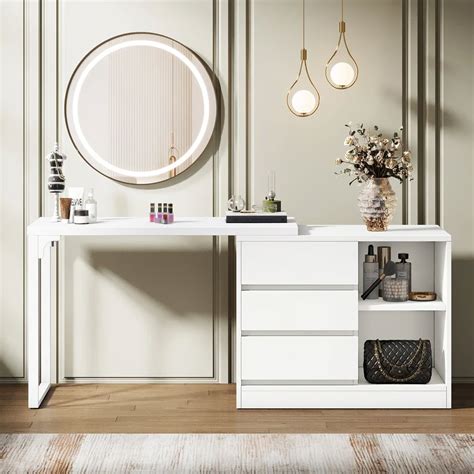White Bedroom Vanity Table – Makeup Desk with 3 Drawers & Open Shelves ...