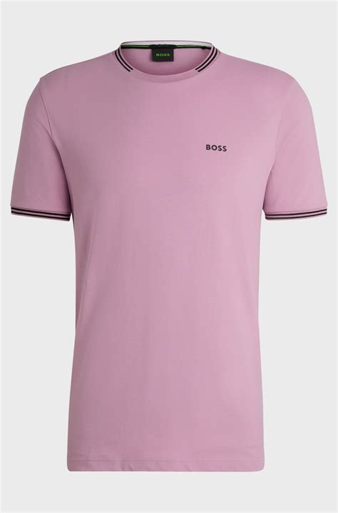 BOSS - Stretch-cotton T-shirt with stripes and logo - light pink