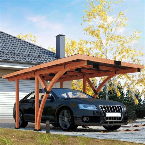 Beneouya Heavy-Duty Wood Carport with Steel Roof for Driveway Shelter ...