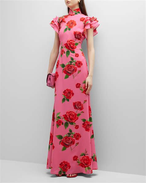 Sau Lee Sylvie Mandarin-Collar Floral Chiffon Maxi Dress | Neiman Marcus