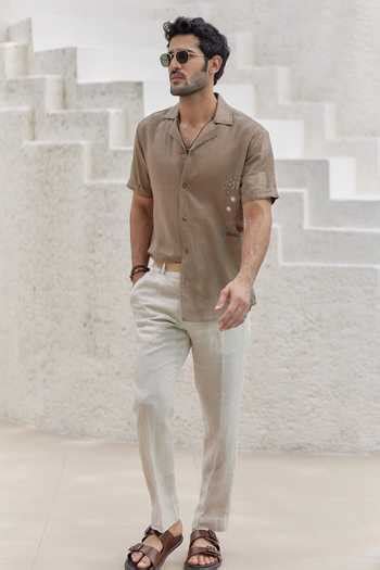 Buy Brown Linen Embroidery French Knot Work Cuban Shirt For Men by ...