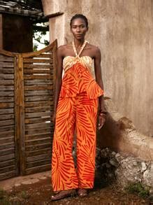 Maija Orange Digital Print Satin Halter Neck Backless Casual Women Top ...