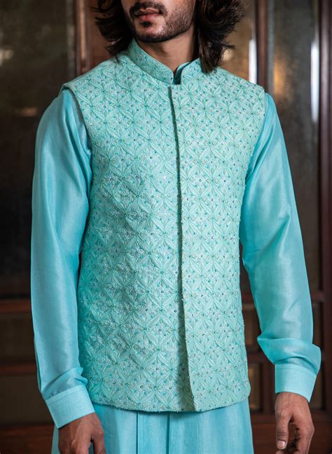 Blue Embroidered Jacket Set – Darshika Menswear