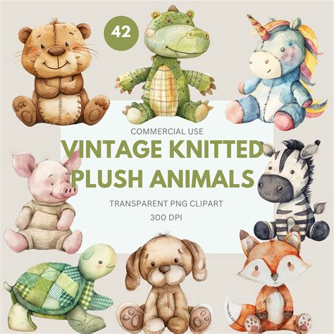 Vintage Knitted Plush Animals Clipart Pack, Watercolor Stuffed Animal ...