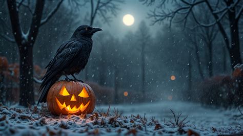 Halloween Pumpkin Wallpaper 4K, Crow, Halloween night, Snowfall