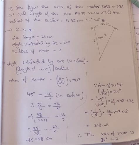 In the figure the area of the sector OAB is 231 cm² and length of the ...
