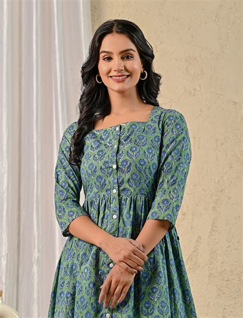 Green Butta Hand Block Printed Cotton Dress With Front Buttons ...