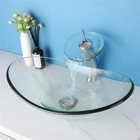 Focitland Bathroom Sink,Clear Glass Vessel Sink with Waterfall India | Ubuy