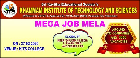 Inter/Diploma/B.Tech/PG Mega Job Fair in Khammam (R), Telangana ...