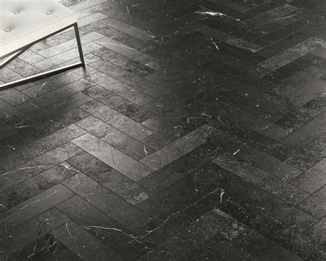Black Marble-Look Herringbone Tile Floor | Why Tile