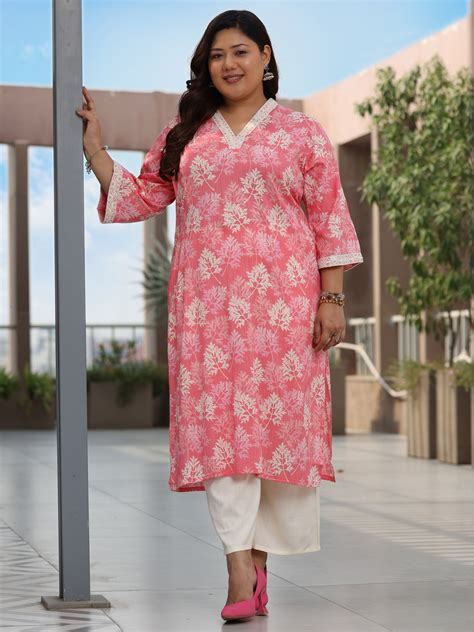 Buy Plus Size Pink Printed Cotton Straight Kurta Online at $30.00 USD ...