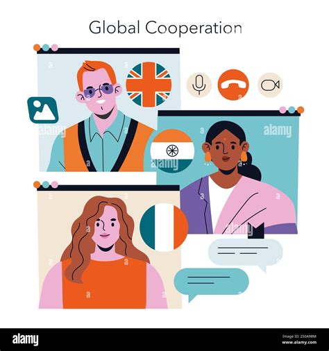 Global Cooperation concept. Diverse team connecting virtually for ...