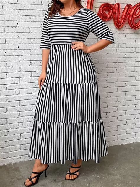 SHEIN LUNE Plus Striped Print Ruffle Hem Dress Maxi Women Outfit for ...
