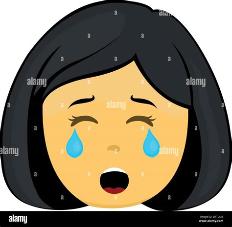 Vector emoticon illustration of a woman face in yellow, with a sad ...