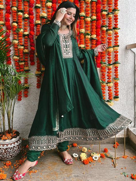 Buy Green Yoke Design Silk Blend Anarkali Kurta With Churidar & Dupatta ...