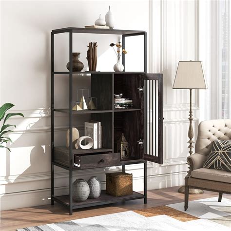 Buy Tall Bookshelf with Door and Drawer, 5-Tier Bookcase Storage ...