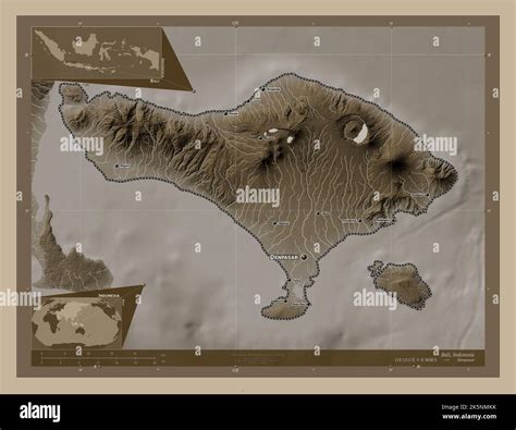 Bali, province of Indonesia. Elevation map colored in sepia tones with lakes and rivers ...