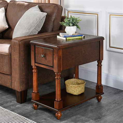 JESONVID Narrow Open End Table with Drawer, Solid Wood Side Table 2 ...