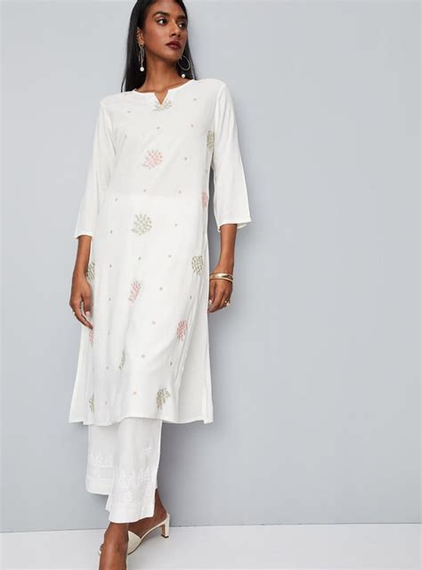 Buy Women All-Over Embroidered Notched Neck Straight Kurta Online at ...