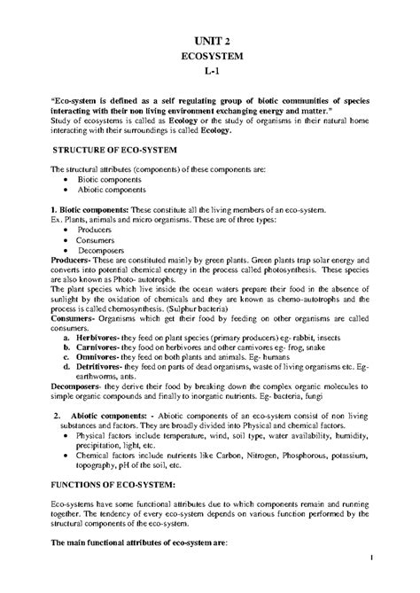 EEE Unit 2 Ecosystem - UNIT 2 ECOSYSTEM L- “Eco-system is defined as a ...