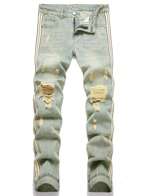 Men Ripped Frayed Contrast Side Seam Ripped Jeans | SHEIN USA
