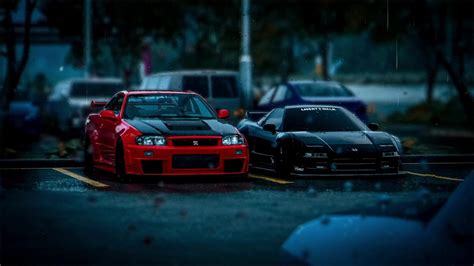 Honda NSX X Nissan GT-R R34 In The Rain Live Wallpaper - MoeWalls